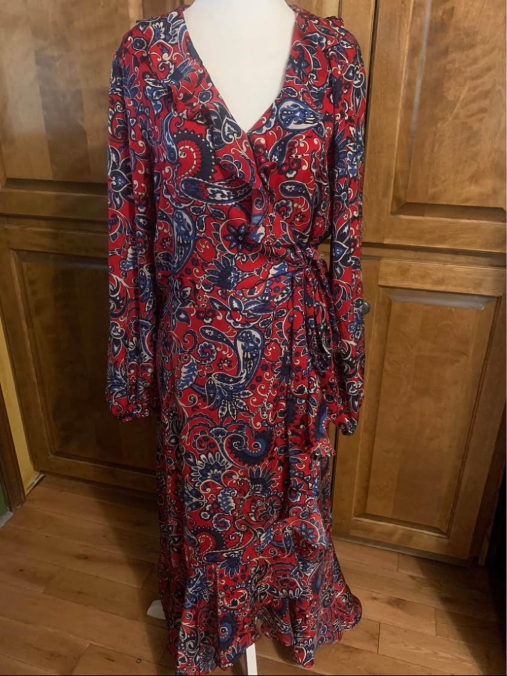 Gigi Parker Women’s Wrap High Low Ruffled Red White Blue Midi Dress Medium Large